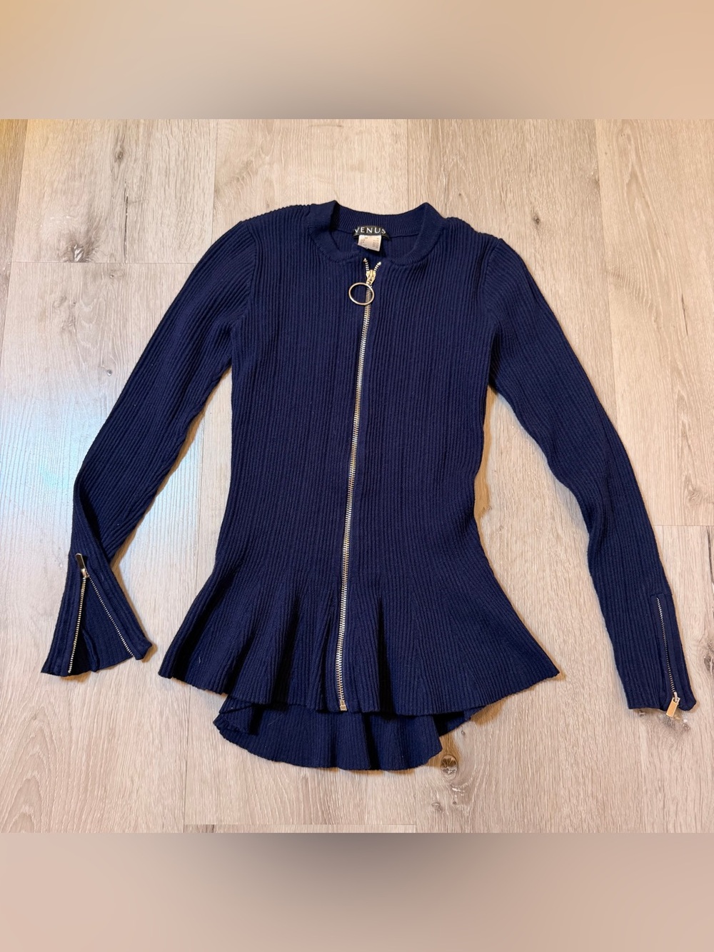 VENUS Navy Blue Ribbed Peplum Zip-Up Cardigan – Size XS
